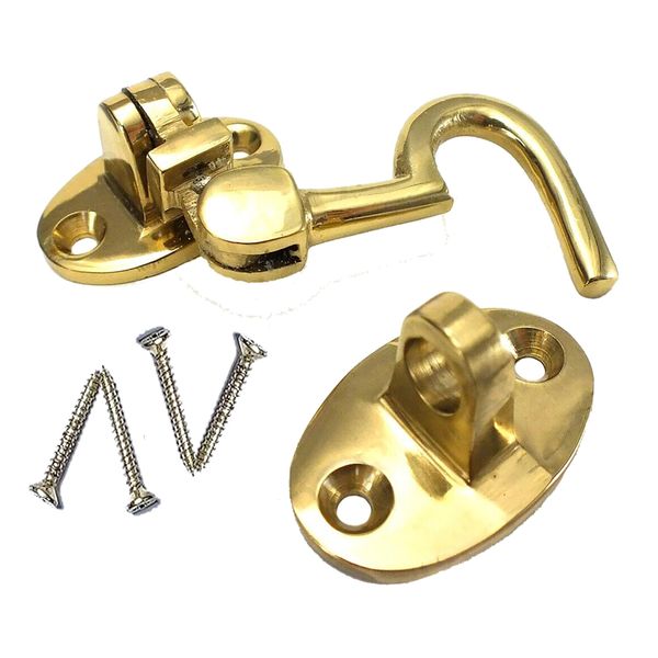 Brass Cabin Hook 2 Inch Brass Cabin Hook & Eye Silent Catch Door Latch Holder with Screws Silent Cabin Hook for Shed Gate Catch Garden Gate Latch Patio Doors in Various Finishes Pack of 1.