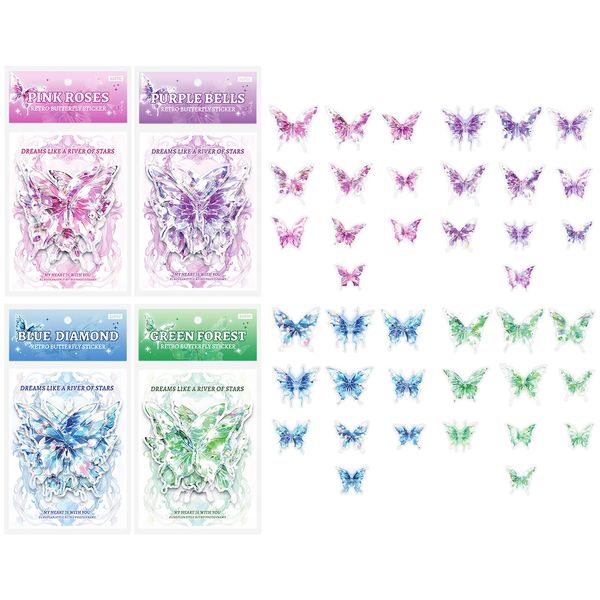 LdawyDE Glitzer Sticker, 80Stk Schmetterling Sticker Vier Farben 3D Holographische PET Aufkleber Schmetterling Sticker Glänzende für DIY, Scrapbooking und Dekoration