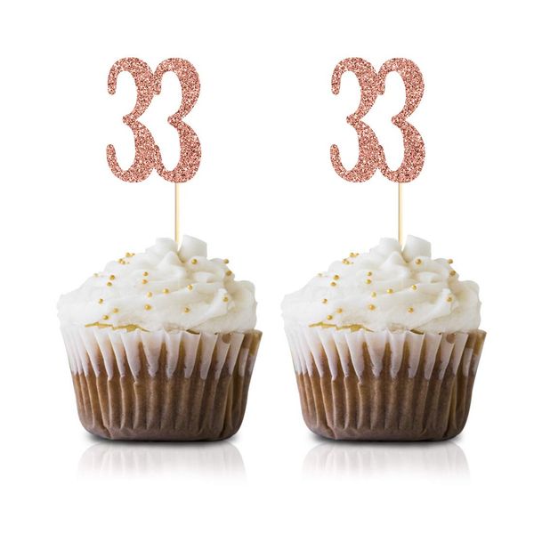 Rose Gold 33rd Birthday Cupcake Topper, 24-Pack Number 33 Glitter Happy Birthday Party Cupcake Toppers, Decorations