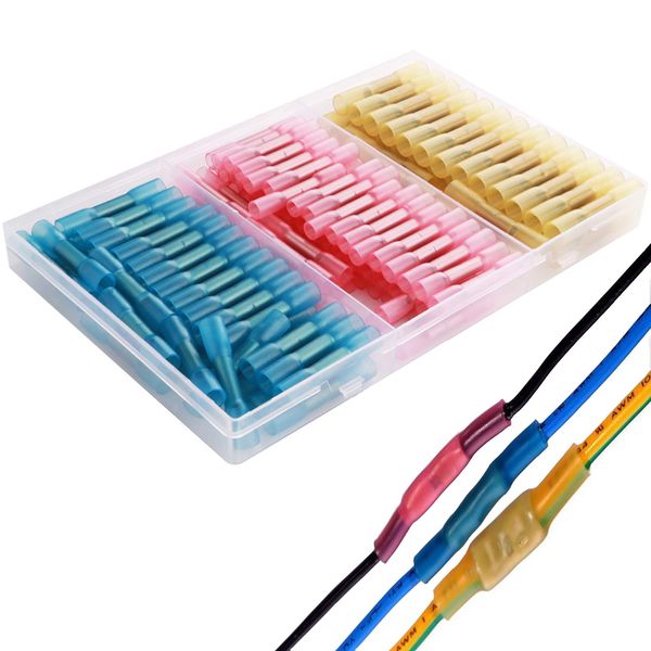 CESFONJER Heat Shrink Wire Connector | Crimp Connectors | Waterproof Insulated Electrical Terminals Marine Automotive, Butt Terminals Kit (red 60pcs, Blue 40 pcs, Yellow 30 pcs)