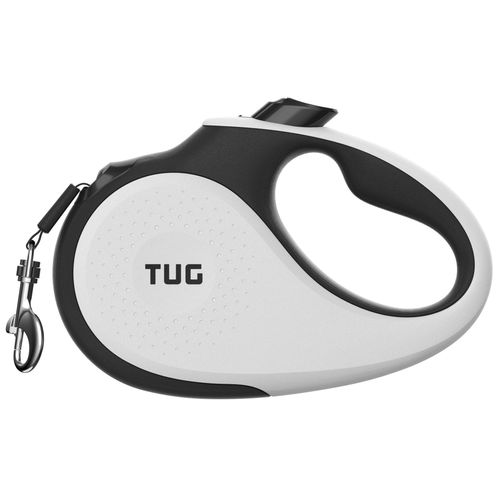 TUG 360° Tangle-Free Retractable Dog Leash | 16 ft Strong Nylon Tape | One-Handed Brake, Pause, Lock (Medium, White)