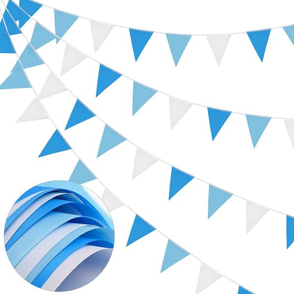 DOJoykey 66ft Bunting Banner, Blue White Bunting Flags Polyester Fabric Bunting Garland 52pcs Waterproof Flags Reusable Bunting for Mother‘s Day Home Outdoor Birthday Wedding Party Decoration