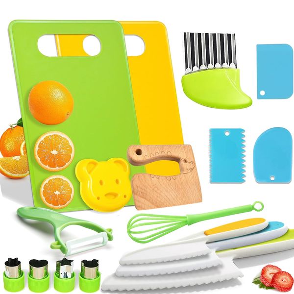 17PCS Kids Cooking Set - Montessori Kitchen Tools Kitchen Cookware Baking Toy Sets for Kids, Toddler Safe Kitchen Knife Set for Real Cooking Toddler Toys for Girls Boy