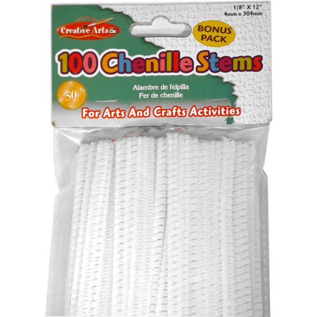 Creative Arts by Charles Leonard Chenille Stems, 4 MM x 12 Inch, White, 100/Bag (65435)