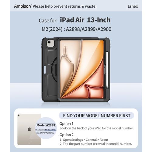 Ambison Case for iPad Air 13 inch 2024,Full-Body Protective Rugged iPad Air 13 inch Case(M2,6th Generation)-Screen Protector,360° Rotating Sturdy Stand, Adjustable Handle Strap,Pencil Holder,Black