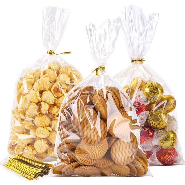 LOKIQNG Cellophane Treat Bags - Clear Cookie Candy Bags with Twist Ties for Party Favors (100PACK,6x10inch)