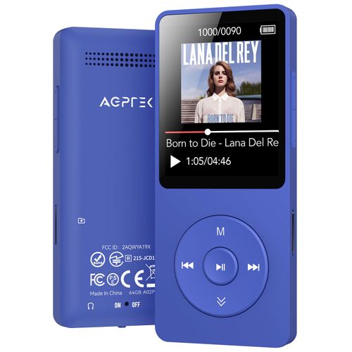 AGPTEK A02 MP3 Player with Bluetooth 5.3, 1.8 inch Screen Portable Music Player with Speaker, FM Radio, Voice Recorder, Supports Expanded Up to 128GB(Blue, 64GB)