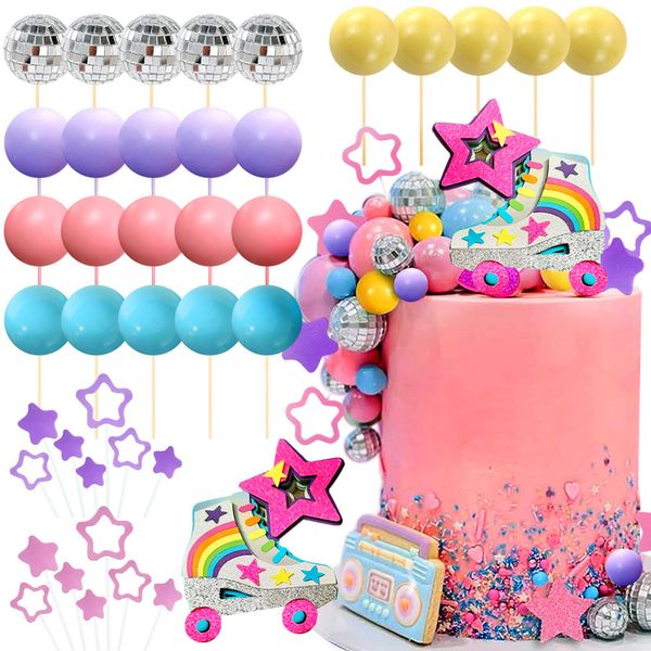 JeVenis luxury roller skate cake topper decorazioni per torte con pattini a rotelle topper per torta anni '80 decorazioni per torta disco ball topper per torta 90 topper