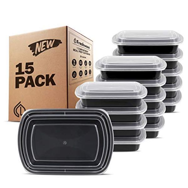 Freshware Meal Prep Containers 15 Count (Pack of 1) Compartment Food Storage Containers with Lids, Bento Box, BPA Free, Stackable, Microwave/Dishwasher/Freezer Safe (28 oz) (Color May Vary)