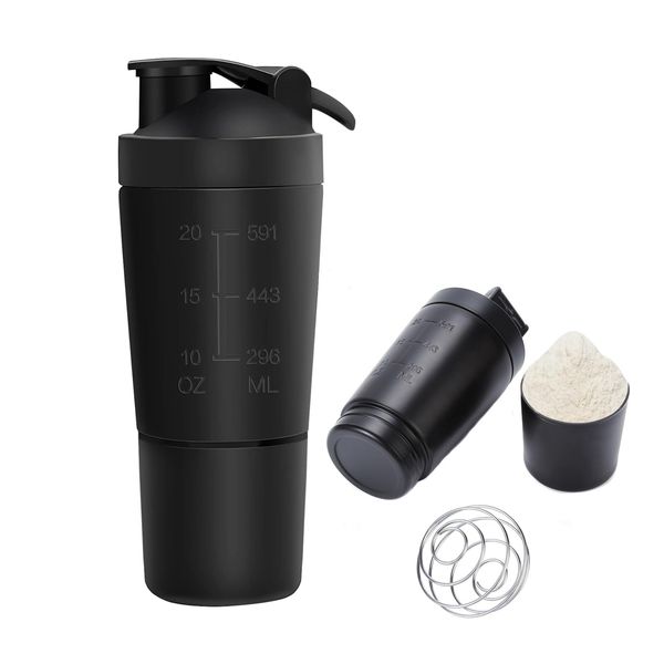 Golgner Edelstahl Protein Shaker, Shaker Eiweiß Sport Fitness, 600ml Fitness Protein Shaker, BPA frei mit Skala, Doppelwandig, mit 200ml Tasse, für Eiweiß, Diät und Fitness-Shake (Schwarz)