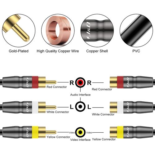 J&D RCA Cable, Heavy Duty 3 RCA Male to Female AV Extension Cable, Copper Shell, Audio Video Components Compatible with Set-Top Box, Speaker, Amplifier, DVD Player, 9 Feet