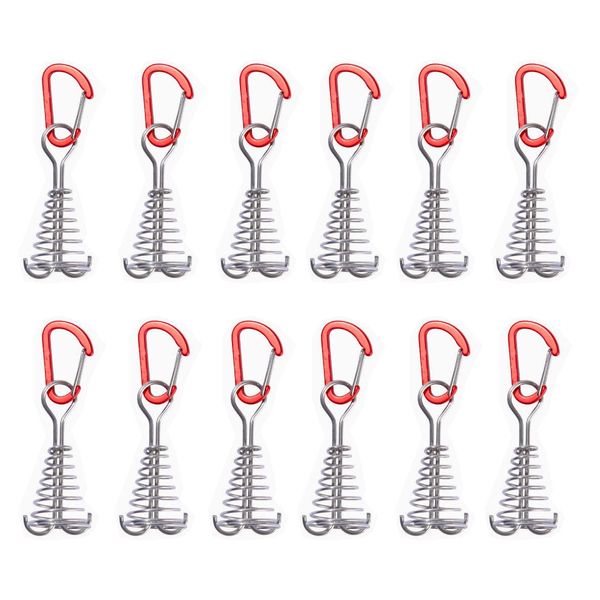 Suuwwn 12pcs Fishbone Tent Pegs with Carabiner Clips Stakes Deck Anchor Camping Tent Stake Nail Stakes Garden Staples Fixing Camping Gardening Anchors Stopper Tensioner Nail Cord Adjuster Tent Nails