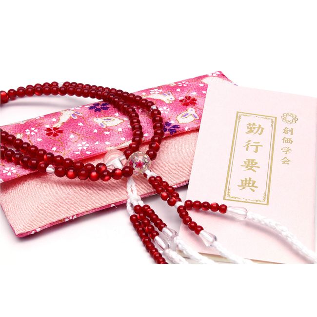 Made in Japan, Social Society Prayer Beads, For New Parties, Gift, For Work, 3-Piece Set, For Women, Pink and Rabbits, Mala Beads, Cat's Eye Red Cherry Blossom Pattern