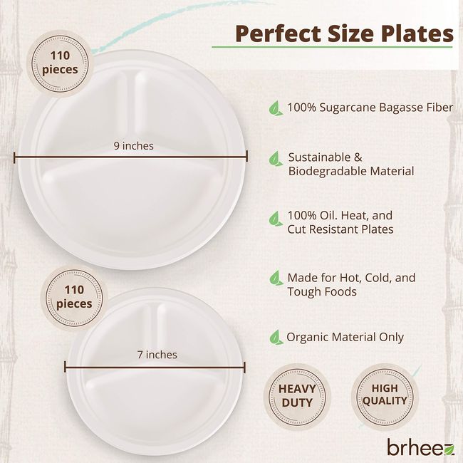 100% Compostable 9 Inch 3 Compartment Heavy-duty 10 Inch Plates