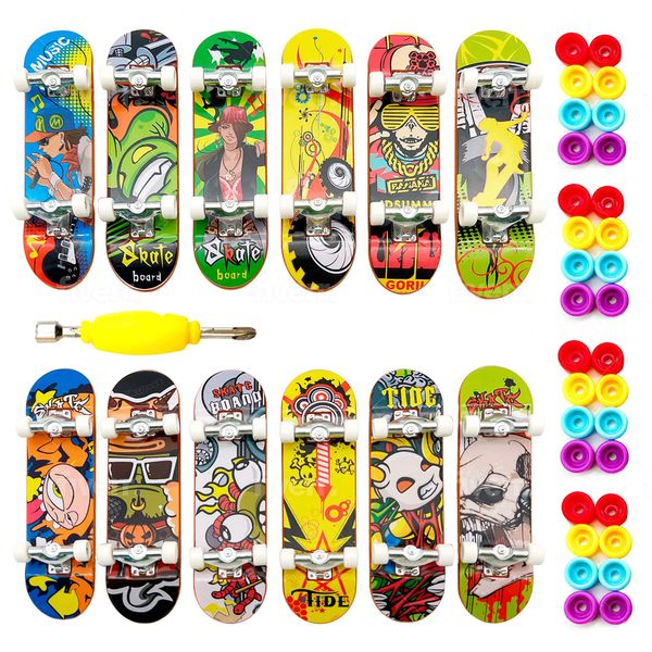 Stashables 12 pcs Toy Finger Skateboard Fingerboards with 32 Interchangeable Wheels and Mini Screwdriver, Finger Boards Decks for Ramp Kit and Skatepark