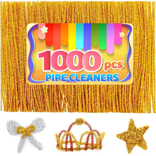 Iooleem 1000pcs Golden Glitter Pipe Cleaners, Chenille Stems, Pipe Cleaners for Crafts, Pipe Cleaner Crafts, Art and Craft Supplies.