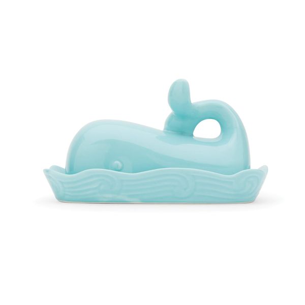 Fox Run Whale Ceramic Butter Dish with Lid, 7", Aqua Blue