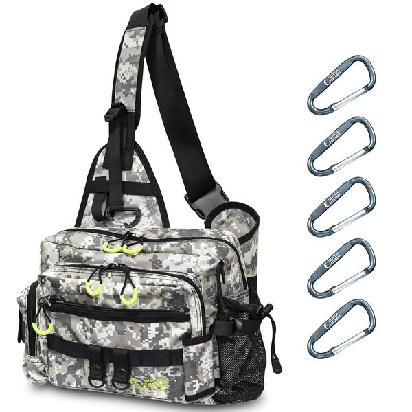 WataChamp One-Shoulder Fishing Bag with 5 Carabiners, Water Resistant, 427.2 Cubic Inch (7 L) Capacity, Double Zippers, Adjustable Shoulder Pad, Detachable Waist Strap, Holders for Rods and Pliers