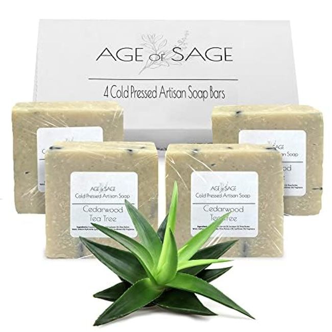 Age of Sage 100% All Organic Vegan Bath Handmade Natural Bar Soap Gift Set - Handmade Scented Cold Process Fragrant Soaps with Essential Oil - 4 Pack (Cedarwood Tea Tree)