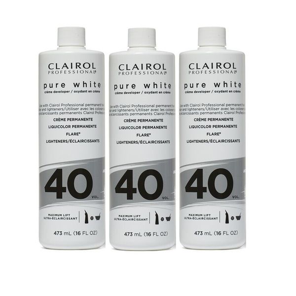 3 BOTTLES- CLAIROL PURE WHITE 40 CREME DEVELOPER MAXIMUM LIFT 16 OZ