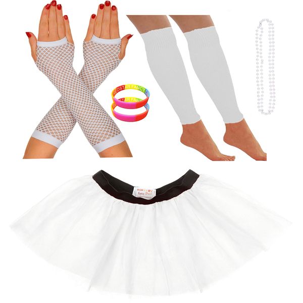 REDSTAR FANCY DRESS® Neon Tutu Skirt Leg Warmers Fishnet Gloves Necklace Beads and Neon Wrist Beads (8-12 UK, White)