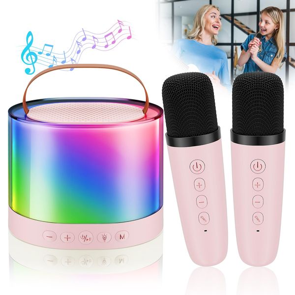 Mini Karaoke Machine for Kids, Bluetooth Speaker with 2 Wireless Microphones, Protable Toddler Karaoke Machine Toys with Variable Voice LED Lights for 4-12 Years Old Girls Christmas Birthday Gift