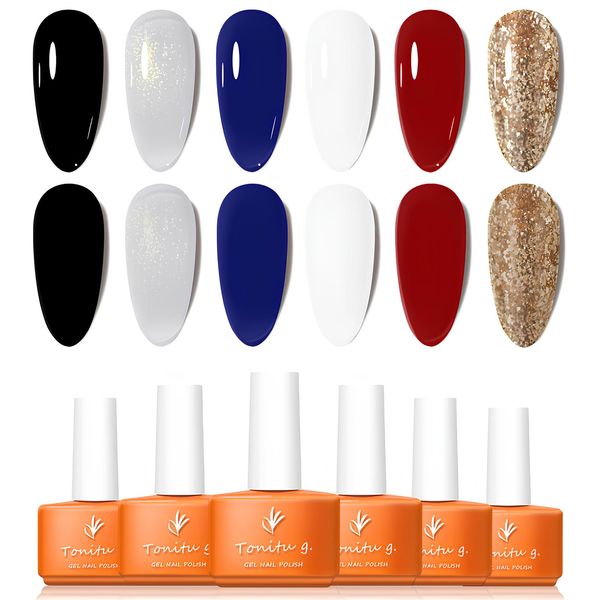 Tonitu G Gel Nail Polish Set 6 Colors Gel Polish Kit, Black White Royal Blue Red Gold Glitter Nail Art Design Soak Off LED at Manicure DIY Home Salon Gifts for Women Girls