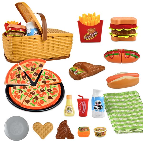 GXUANAN 31PCS Toy Food Set,Kids Picnic Toy ,Kitchen Toys with Picnic Basket, Pizza and Burger Pretend Toys,Play Food for Kids Kitchen.