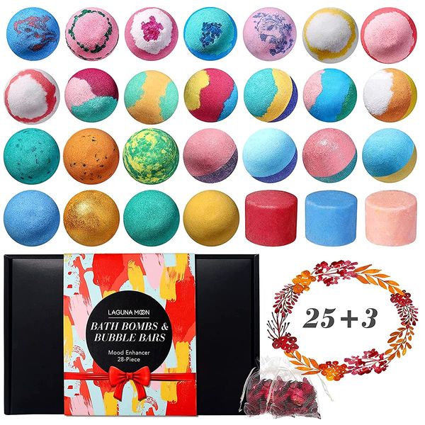 Bath Bombs - 25 Extra Large Pcs + 3 Bubble Bars & Dried Flowers - Bubble Bath Shower Salts for Women, Men & Kids - Relaxing Bathbombs Gift Set Bath Essentials Shower Steamers