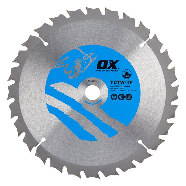 OX Wood Cutting Thin Kerf Circular Saw Blade 190/16mm, 28 Teeth ATB