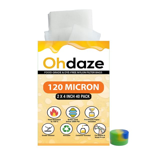 Ohdaze Rosin 2x4 inch 40 Pack 120 Micron Press Bags 3 x Parchment Papers 1 x Wax Container Double-Stitch Nylon Filter Press Bags for Heat Press