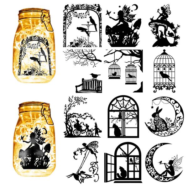 CREATCABIN 12Pcs Fairy Silhouettes Mason Jar Decor Angel Lantern Laser Cutouts Ornaments Bird Rabbit Cat Scrapbook for Frosted Glass Wall Windows Cars DIY Crafts Xmas Black 3.9x3.5Inch(No Sticker)