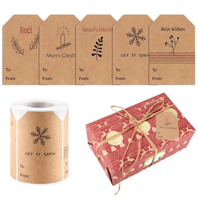 250 PCS 5 Styles Christmas Gift Stickers, 2 x 3 Inch Gift Tag Stickers Brown Kraft to and from Gift Labels Self Adhesive for Christmas