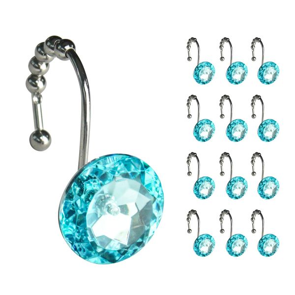 Sunlit Luxury Design Round Teal Blue Diamond Crystal Gem Bling with Glide Balls Shower Curtain Hooks for Mermaid Shower Curtains, Rust Proof Metal Rhinestones Glam Shower Curtain Rings-12 Pack