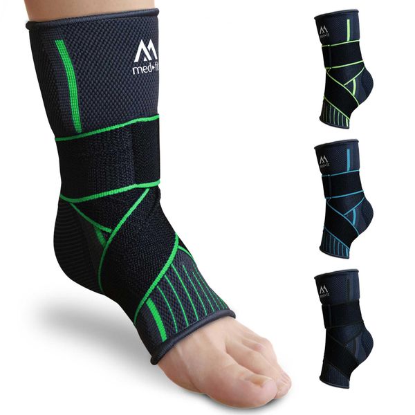 med-fit Stride Flex Adjustable Ankle Support for Men/Women: 4 Way Foot Compression Ankle Brace for Sports & Injuries: Arthritis Pain Relief, Recovery, Plantar Fasciitis Support (1, Green, Medium)