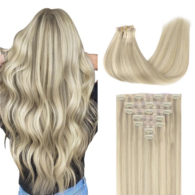 GOO GOO Clip in Hair Extensions Real Human Hair, 20inch 110g 7Pcs, 17A/60A Ash Blonde Highlighted Platinum Blonde, Remy Human Hair Extensions Clip ins for Women, Natural Human Hair