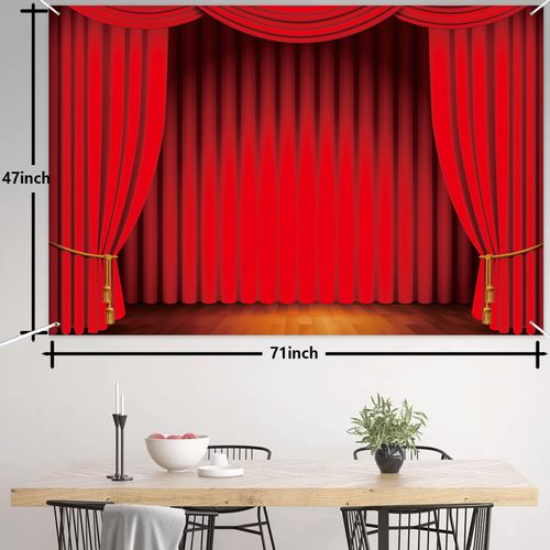 Theatre Show Backdrop Banner Theater Stage Red Curtain Backdrop Photography Background Stage Lights Drapes Decorations for Movie Night Dance Party Circus Photography Background Decor Favors