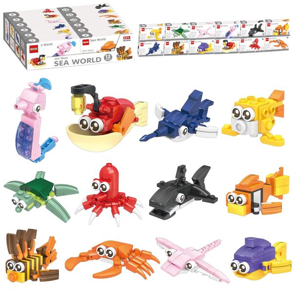 Ocean Party Favors for Kids Goodie Bags,12PCS Sea Animal Mini Building Blocks, Building Sets Stem Toys, Assorted Building Blocks Sets for Birthday Party Gift,Goodie Bags, Prize,Cake Topper