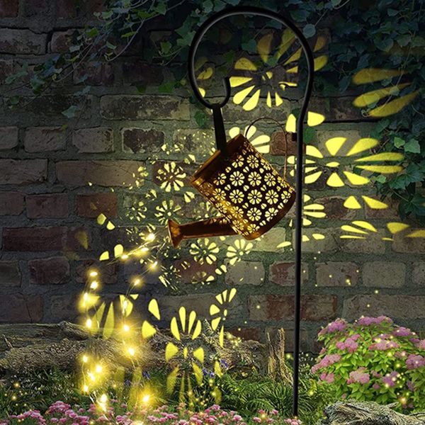 Solar Watering Can with Cascading Lights, Adorable Outdoor Hanging Solar Lantern, Durable Metal Waterproof Garden Lights Cute Addition for Garden Yards Rose Bush Patio Pathway Party (rectangular lamp)