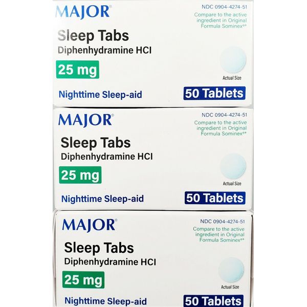 Major Sleep Tabs Sleep Aid Diphenhydramine 25mg 50 Tablets - 3 Pack -Exp 05-2026