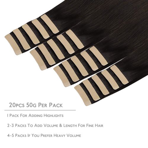 Wennalife Tape-In Real Hair Extensions, 20 Pieces, 50 g, 40 cm, Dark Brown, Remy, Invisible Tape Extensions, Silky Straight, Skin Weft Tape-Ins