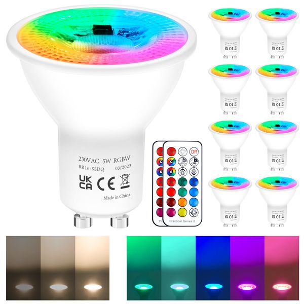 REYLAX GU10 RGB LED Farbwechsel Lampen, 5W Warmweiss 3000K Dimmbar Glühbirne 50W Halogenlampen Gleichwertige, RGB LED Strahler Bunt, LED Spot Leuchtmittel mit Fernbedienung (8 Stück)
