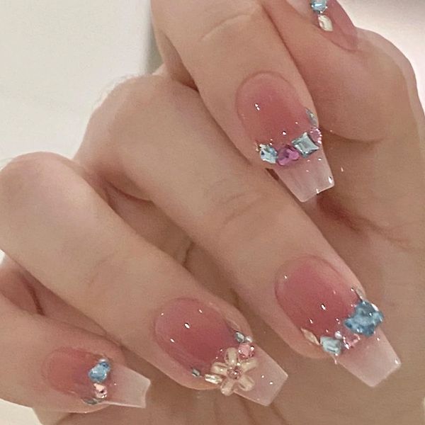 French Press on Nails Long - 24Pcs Coffin False Nails with Glue - Diamond Glue on Nails - Stick on Nails with Butterfly Design - Elegant French Ballet Luxury Design Fake Nails