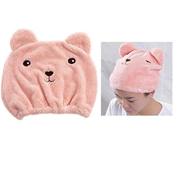 LASSUM Soft Absorbent Dry Hair Cap,Cute Cartoon Bear Super Soft Microfiber Children Adult Quick Drying Towel Head Wrap (Pink)