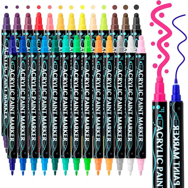 Interpack Group 24 Colors Acrylic Paint Marker Pens, Dual Tip With Medium and Brush Tip for Wood, Stone, Glass, Ceramic Surfaces, DIY Crafts Making Art Supplies