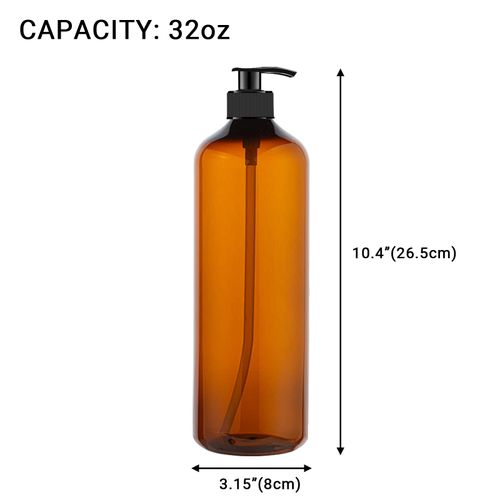 4 Pack 32 OZ Empty Plastic Pump Bottles with 1 Pen, Labels & Silicone Funnel, Amber Empty Shampoo Bottles with Pumps for Body Wash, Shampoo, Massage Lotion, Gel by zmybcpack