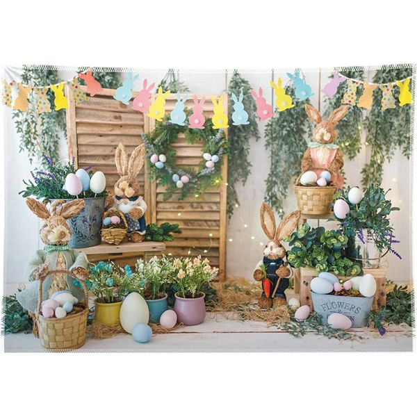 Swepuck 8x6ft Spring Easter Photography Backdrop Garden Bunny Colorful Eggs Flower Stand Background Rabbit Flag Baby Kids Portrait Photo Tapestry Booth Props