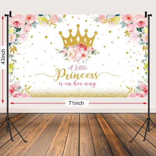 Tatuo Baby Shower Backdrop 6x3.6 ft Little Princess Baby Shower Party Decorations for Girls Pink Flower Party Banner Gold Crown Glitter Photography Background Cake Table Decor