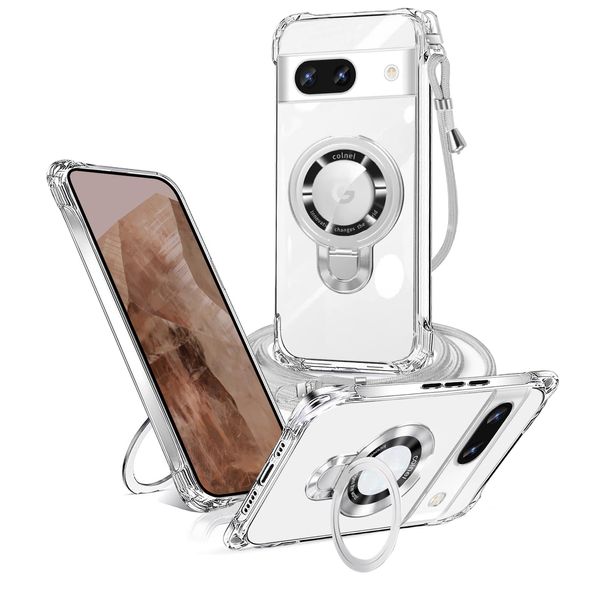 weiaoluo Google Pixel 8A Case, Clear with Ring, MagSafe Compatible Shoulder Pixel 8a Case, Shockproof, Pixel 8a Compatible Cover Case, Wireless Charging, Magnet, Adjustable, Protective Soft Smartphone