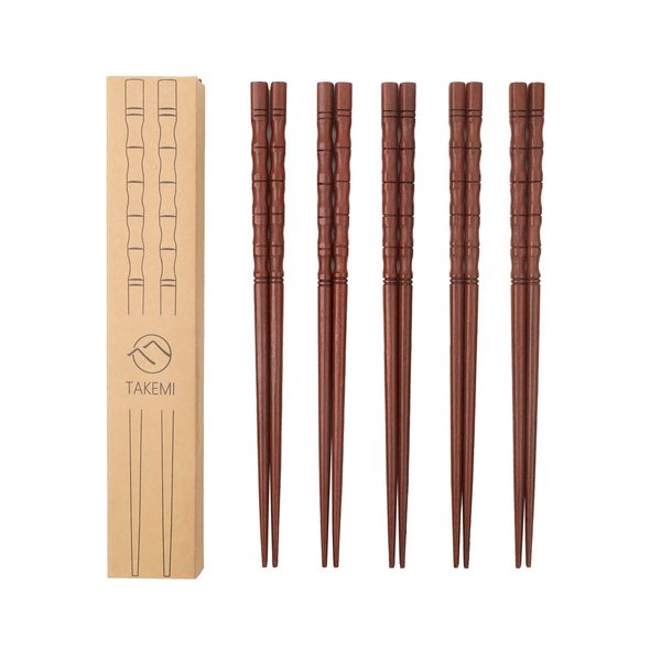 TAKEMI Wooden Chopsticks Dishwasher-Safe Stylish Chopsticks Set of 5 Pairs Commercial Use, Non-Slip, 8.9 inches (22.5 cm), For Guests, SDGs Eco Material (Rosewood)